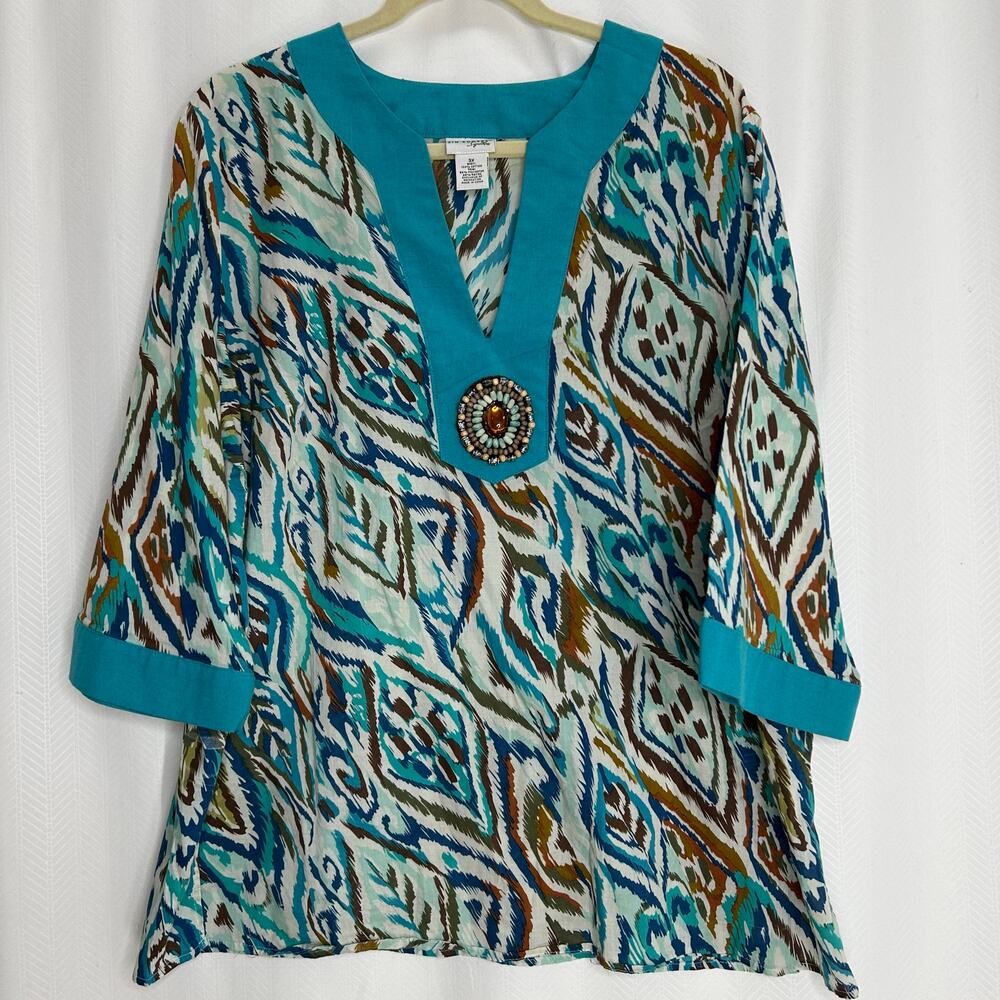 Kim Rogers teal beaded tunic blouse size 3X